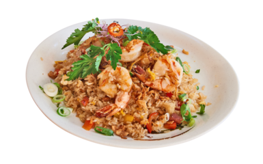 Floating Fried Rice and Shrimp on white Plate
