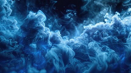 Fototapeta na wymiar Graceful Swirls of Vivid Blue Smoke Adorn Deep Black Canvas, Inspiring Wonder and Enchantment. Abstract background.