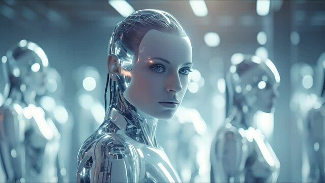 Beautiful cyborg girl on a technological background. Futuristic robot woman. Technology, robotics, artificial intelligence and future concept.
