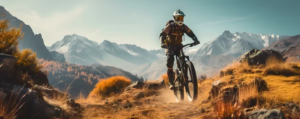 Fotobehang A cyclist navigating through a rugged trail in beautiful mountain landscape. Concept Cycling, Adventure, Mountains, Nature, Outdoors © Ян Заболотний
