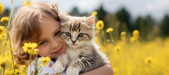 Portrait of small girl cuddling with kitten among on flower meadow, summer banner