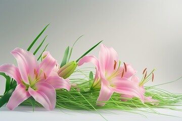 A serene arrangement of pink lilies and green Easter grass, set against a plain white background.