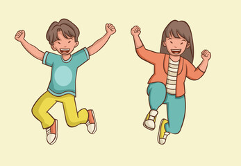 Happy cartoon children. Teenagers jumping.
