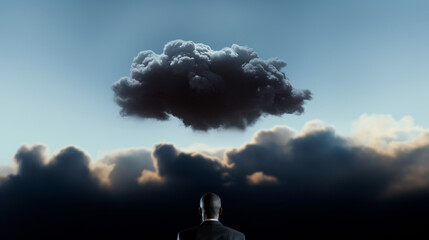 A businessman dressed in a sharp suit, looking at a dark cloud, anticipates challenging times ahead