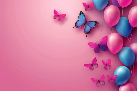 Happy birthday background with butterflies and balloons, right-aligned
