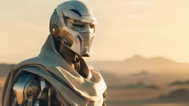 Combat robot in military metal armor. Futuristic cyborg security guard. Technology, robotics, artificial intelligence and future concept.