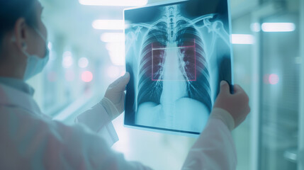 healthcare professional holding a digital tablet displaying a radiographic image of human lungs, with a blurred background suggesting a medical environment.