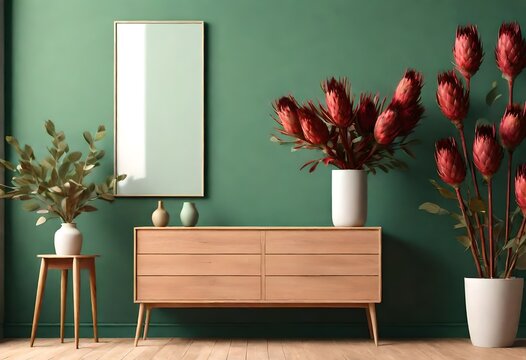 Vase with dried red protea, dresser and floor lamp near green wall. Generated AI. 3D render. 