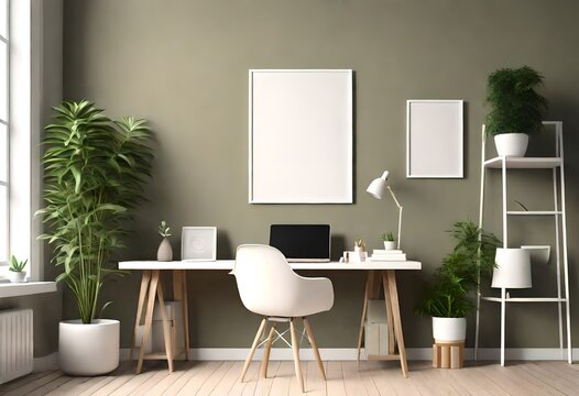 Interior room mockup with white desk and objects, plant, lamp, and khaki painted wall. 3d rendering. 3d illustration. AI generative