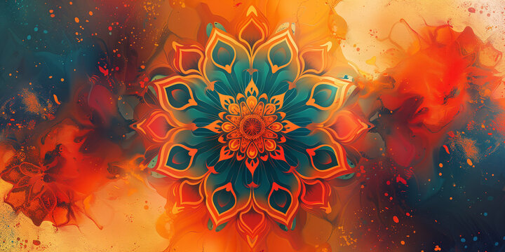 A mandala banner background with colour explosions in red and blue &uuml;