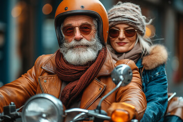 Happy senior couple riding motor scooter.