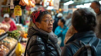 Senior Woman Shopping at Bustling Indoor Market Stall - obrazy, fototapety, plakaty