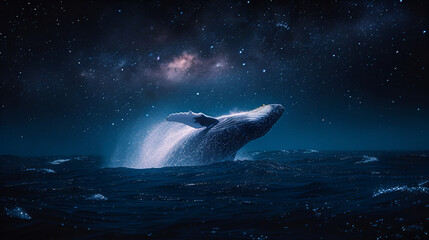 A whale elegantly breaching out of the ocean at night - obrazy, fototapety, plakaty