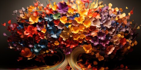 Tree created with multicolored paper flowers in bloom - obrazy, fototapety, plakaty