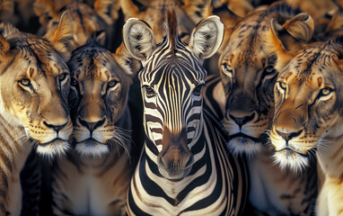 A zebra surrounded by placid lionesses - 741731994