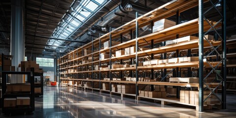 Modern warehouse with shelving. Distribution center. Generative AI