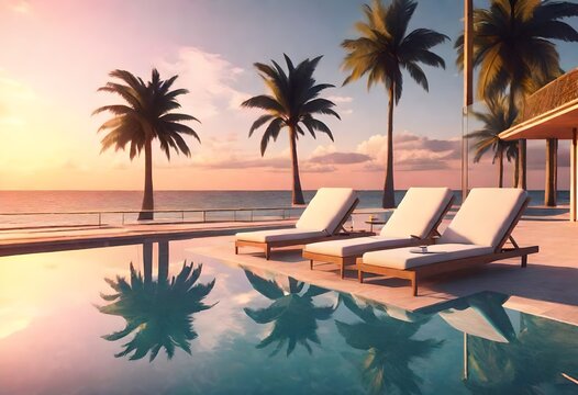 Beautiful poolside and sunset sky. Luxurious tropical beach landscape, deck chairs and loungers and water reflection. Palm trees reflection, amazing luxury summer beach landscape. Beach sunset