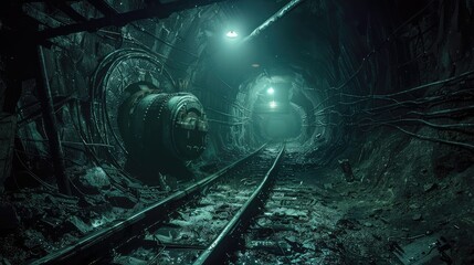 Tunnel Trek: Immersive Exploration of Miner's Journey Through the Labyrinthine Underground Passages. - obrazy, fototapety, plakaty