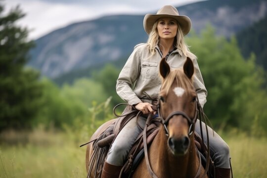 Beautiful young woman riding a horse in the mountains  Outdoor shot