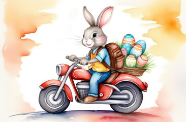 A bunny delivers Easter eggs on a motorcycle. Watercolor Easter card