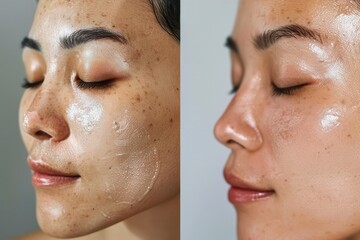 Before and after photos of facial skin, demonstrating the results of consistent use of a skin serum - obrazy, fototapety, plakaty