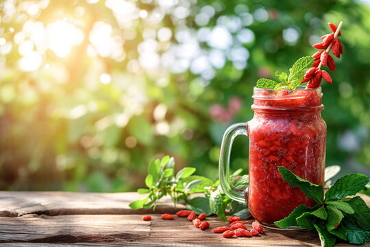 Refreshing summer berry smoothie in a mason jar, garnished with fresh mint and goji berries, served on a rustic wooden table with a garden background.