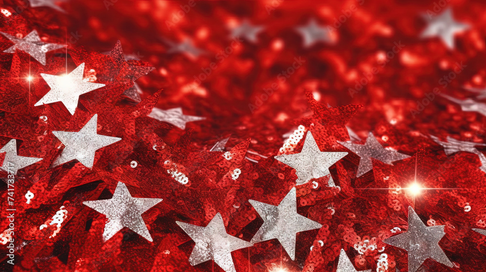 Poster abstract shiny background with red glitter. scattered confetti sparkles with bright and vibrant red 