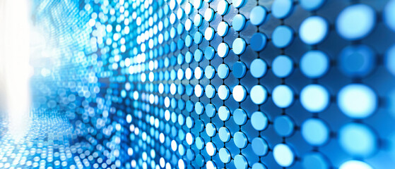 Close-up of a digital LED panel, displaying an abstract pattern of colors and lights in a modern technology setting