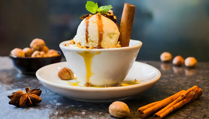 Icecream with syrup and cinnamon stick decorated with nuts