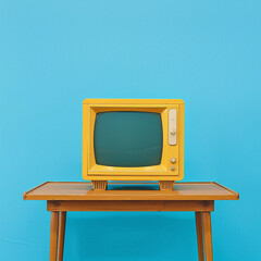 Old yellow TV on wooden table in front of bright blue background