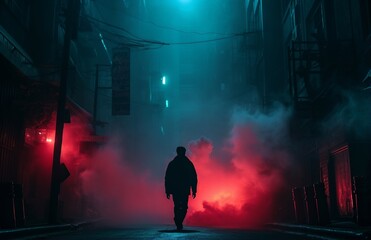 Man in Urban Nightscape with Neon City Lights