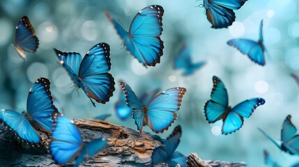 Swarm of Blue Morpho Butterflies on a Log with Ethereal Light Bokeh