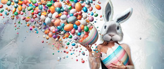 Easter bunny with colorful eggs. 3d rendering toned image