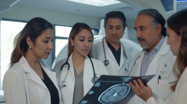 group of medical professionals, two women and a man, in a clinical setting examining and discussing an X-ray film.