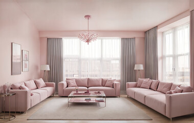 Interior of a pink modern cozy living room with kitchen. Living room with sofa, coffee table and interior items