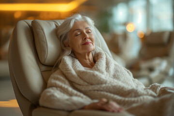 Senior woman lying down on lounge chair at health spa