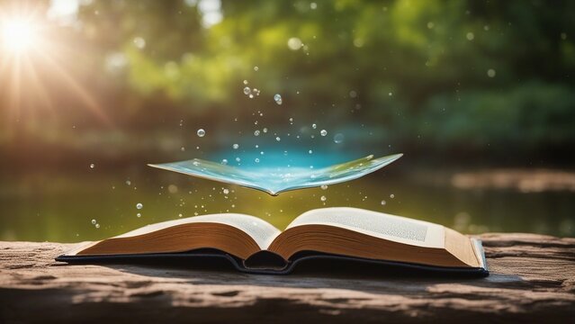 open book with light an open book with water splashing out of it 