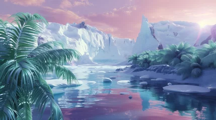 Foto op Plexiglas Surreal landscape where tropical foliage meets icy glaciers at dawn, dreamlike fusion lush palms and frozen peaks © pier