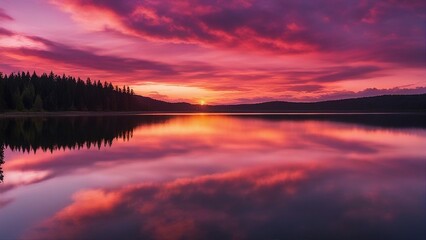 Fototapeta premium sunrise over the lake A beautiful sunset or sunrise landscape with a lake and amazing colorful clouds. 
