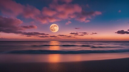 sunset over ocean panorama view of the sea with colorful sky, cloud and bright full moon  serenity nature  