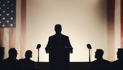 silhouette of American senator giving press conference at podium
