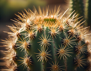 A close-up of a prickly cactus with its spines glistening in the sunlight