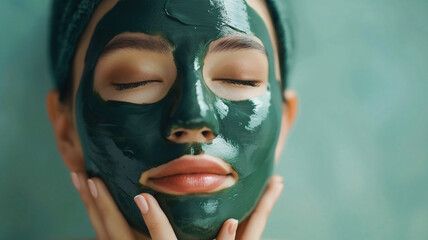 portrait of young female model use DIY facial mask  on her face ,Skincare and treatment cosmetology concept .