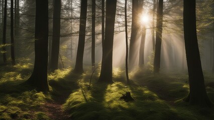 morning in the woods A beautiful nature at morning in the misty spring forest with sun. The forest is full of life  