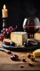 Fototapeta na wymiar Pieces of different cheeses with wine. Still life as a symbol of taste and luxury.