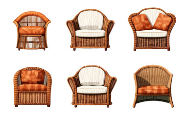Set of outdoor garden rattan straw couches isolated on white or transparent background