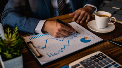 close-up of a businessman's hands analyzing and writing on financial charts with a pen, with a laptop, a calculator, and a coffee mug on the desk.
