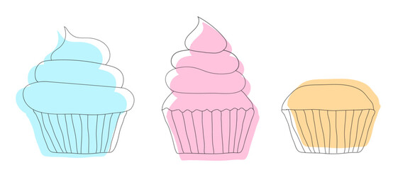 Colorful Cupcake Icon Illustration Set or Muffin Outline Abstract Collection