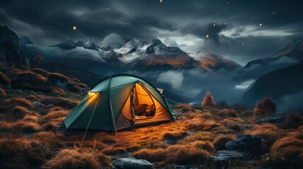 Camping in the mountains at night with a tent