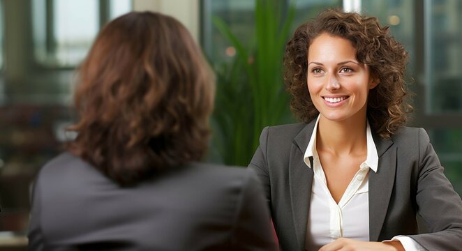 Mujer sonriente en entrevista de trabajo